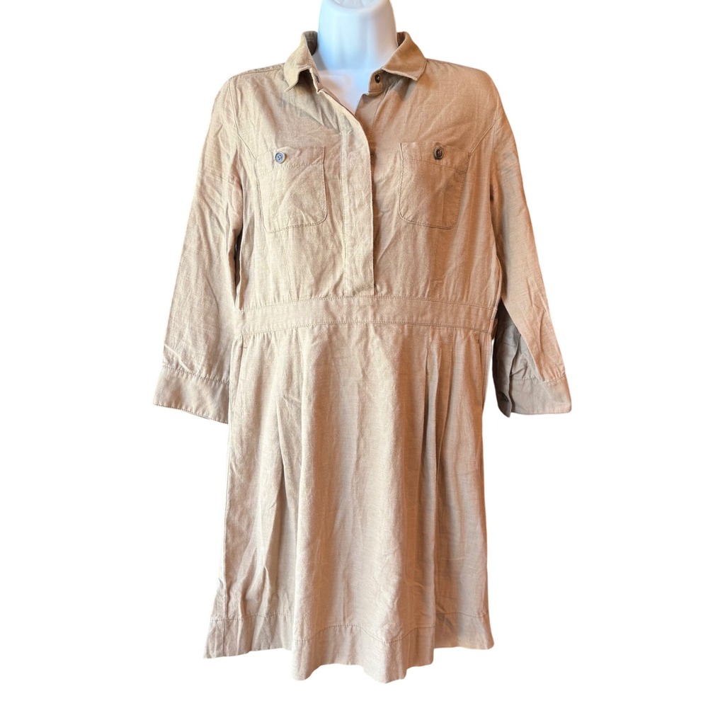J.Crew Cotton Wool Blend Shirt‎ Dress Collared 3/4 Sleeve Pockets Tan Size 8